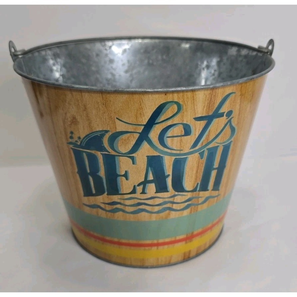 "Let's Beach" Decorative Galvanized Metal Bucket Magaritaville Land Shark